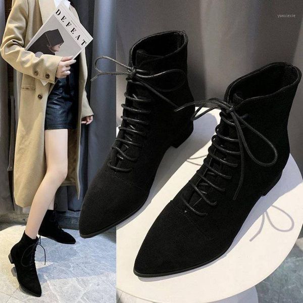 

2020 autumn women pointed toe ankle boots lace up flock flat boot low heels booties female shoes black botas mujer spring 8702l1