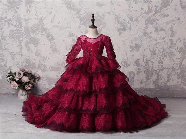 

amazing multi-layer girls pageant gowns dark red lace long sleeves appliques beads flower girl dresses for wedding long train party dress, White;blue