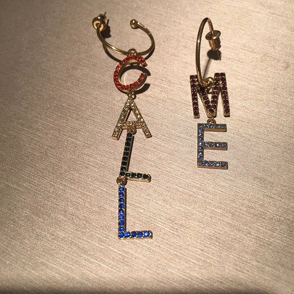 

colored english letter earrings asymmetrical micro-inlaid zircon long tassel gradient s925 silver needle ring earrings