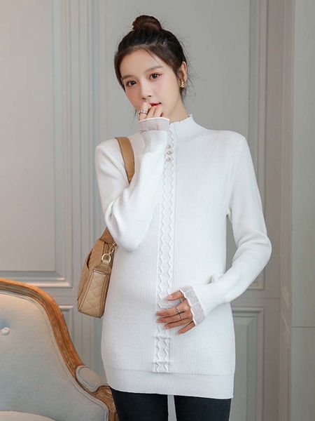 

autumn and knitwear pregnant women wear bottoming sweater half high collar pullover slim body, winter clothes cover belly, White