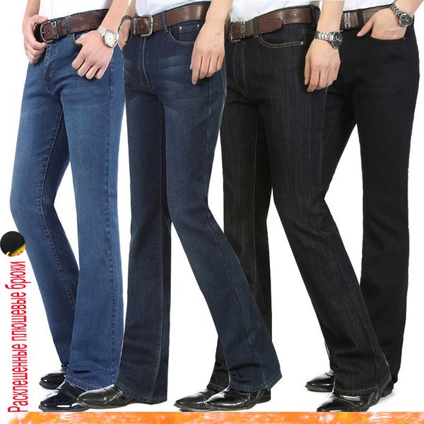 

men's winter warm velvet thickening boot cut jeans male mid waist business casual flares pants bellbottom trousers 26-38 q0105, Black;white