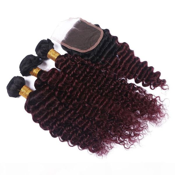

burgundy ombre brazilian human hair wefts with closure two tone #1b 99j wine red deep curly human hair 3bundles with 4x4 lace closure, Black
