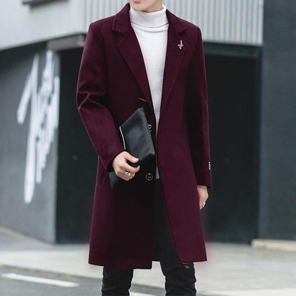 

men's trench coats winter burgundy mens long jackets black england style single breasted standard broadcloth windbreaker outercoat, Tan;black