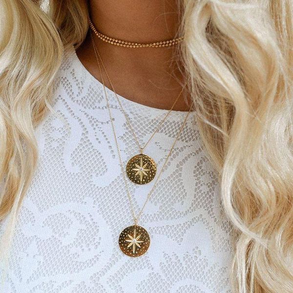 

pendant necklaces 4pcs/set women necklace set round carved star crystal gold female bohemian glamour party jewelry, Silver
