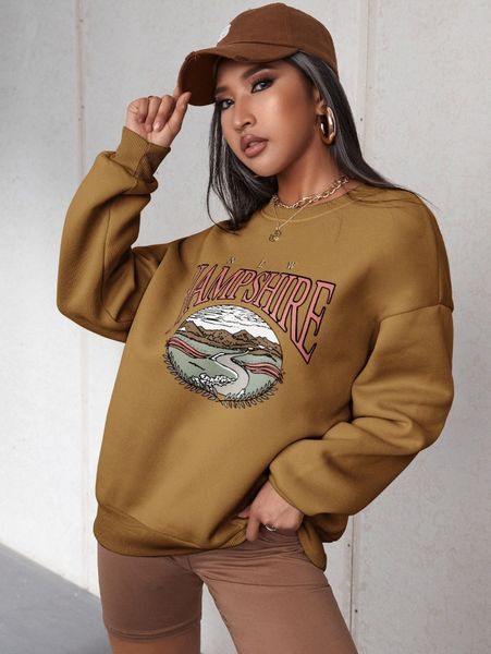 

mountain & letter graphic drop shoulder sweatshirt g97z#, White;black