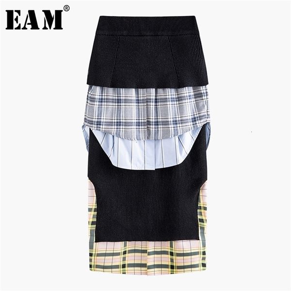 

[eam] high elastic waist ruffles black plaid split temperament half-body skirt women fashion tide new spring autumn 2020 1n040 t200712
