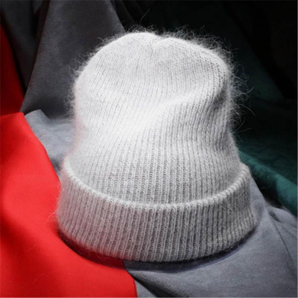 

women autumn winter warm fur knitted beanies thick double layer wool skullies female hat, Blue;gray