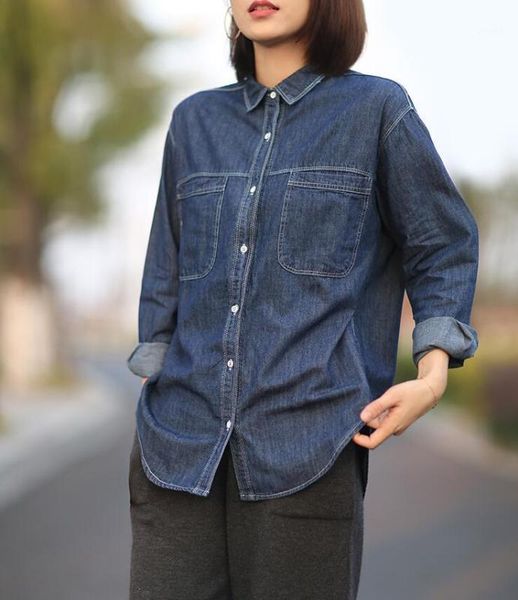 

simple elegant versatile loose -fit denim shirt slimming long sleeve women blouses sleeve casual1, White