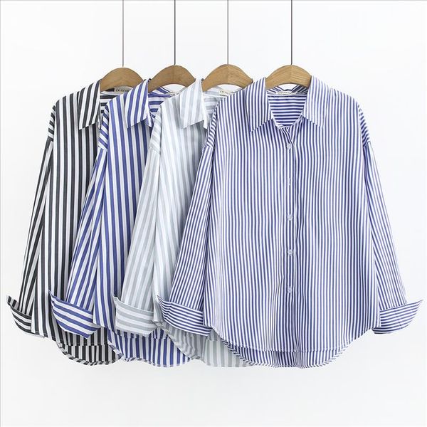

2019 oversized plus size causal women shirt women spring summer striped shirt drop shipping good quality, White
