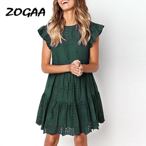 

zogaa hollow out ruched a-line mini dress woman ruffles sleeve beach dress woman basic o-neck dresses summer sukienka vestidos, Black;gray