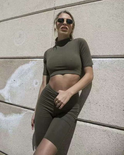 

sportswear women's solid color elastic summer slim fitting lace up pants short sleeve suit for women, Gray