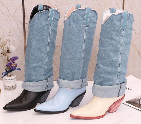 

carved denim jean women's knee high boots pointy toe chunky heels leather winter shoes cowboy knight boots botas mujer, Black