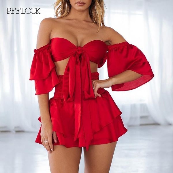 

pfflook off shoulder summer two piece set satin dress women red half sleeve backless dress tube tie up mini 2021, White