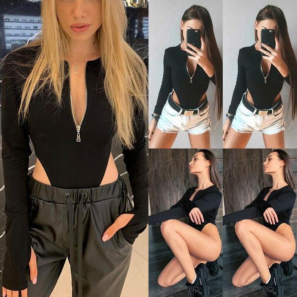

2021 brand new women's zipper v neck long sleeve slim bodysuit stretch leotard romper jumpsuit club party wear, Black;white