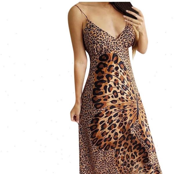 

women leopard print maxi dress butterfly wrap sling sleeveless nightclub beach long dresses ladies high waist vestidos, Black;gray