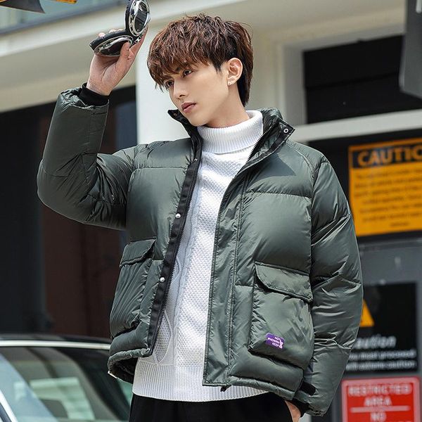 

down jacket men's thiened handsome young man trendy loose white du down coat cotton-padded jacket low velvet, Black