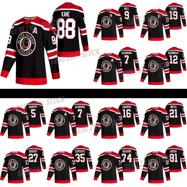 

chicago blackhawks jersey 2020-21 reverse retro 19 jonathan toews 88 patrick kane 00 clark griswold 12 alex debrincat 2 keith hockey jerseys, Black;red