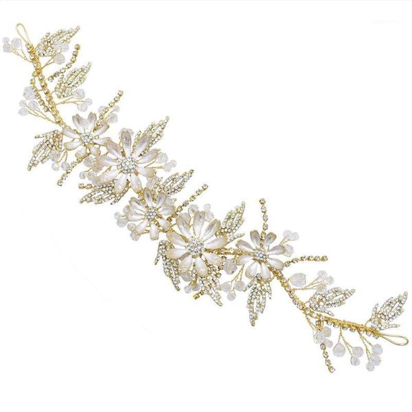 Fermagli per capelli Barrettes Nuziale Oro Wired Strass Perline Perline Copricapo Fasce per fiori con foglie dorate per le donne Matrimonio Bellissimi accessori