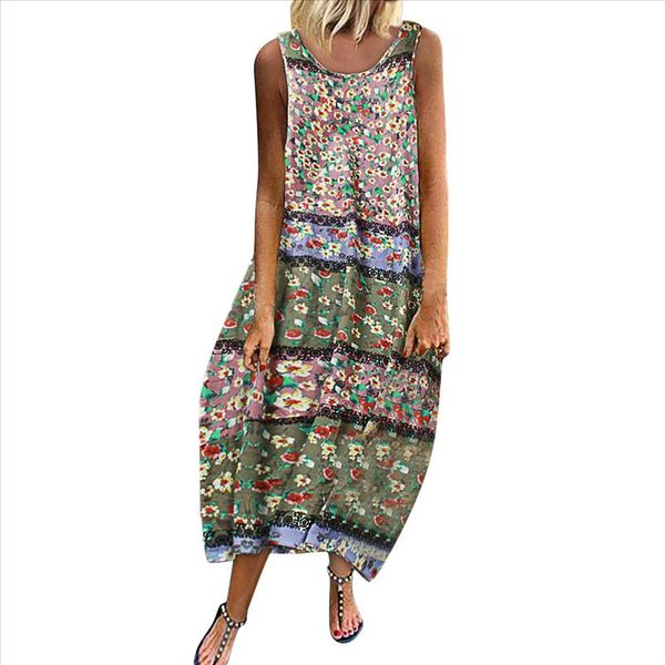 

2019 fashion dress women vintage bohemian print floral sleeveless o neck straps maxi dress girls color loose female 724, Black;gray
