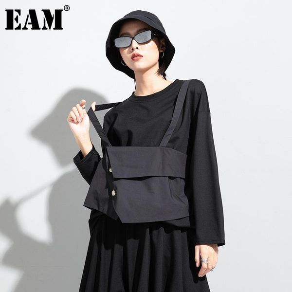 

[eam] women black false two split joint big size t-shirt new round neck long sleeve fashion tide spring autumn 2021 1dc742, White