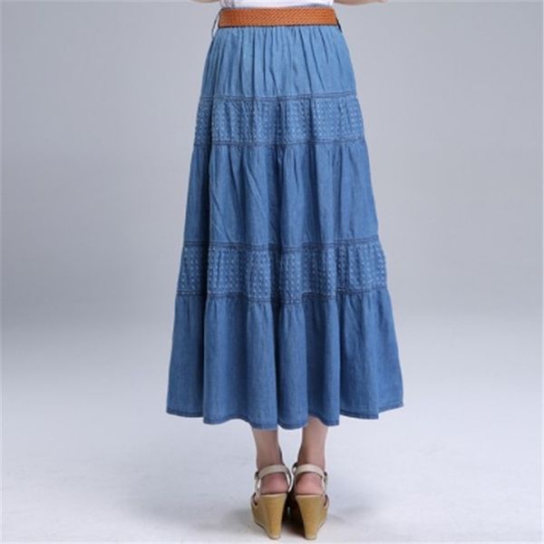 

women summer denim skirts high waist plus size long vintage solid color a-line jean skirt with belt spring a5390 y200326, Black