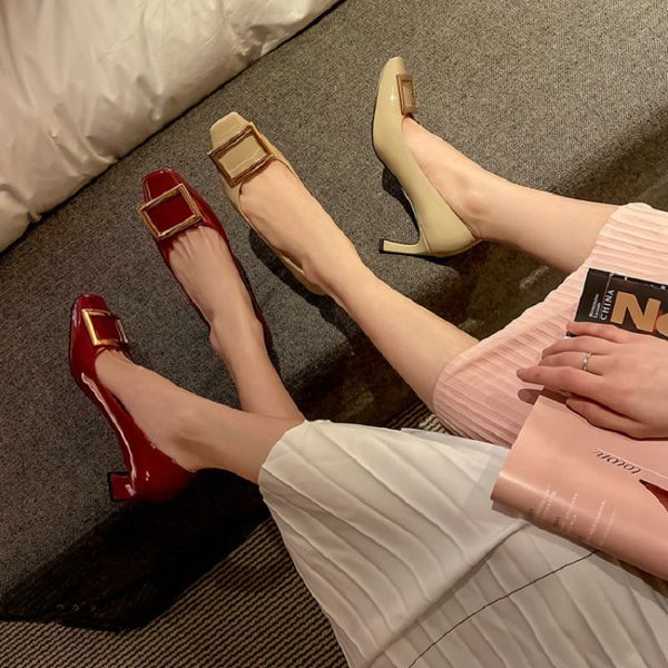 

patent leather plutonium brand luxury sells shoes woman square toe thick high heels with metal buckle decoration ladies bombs, Black