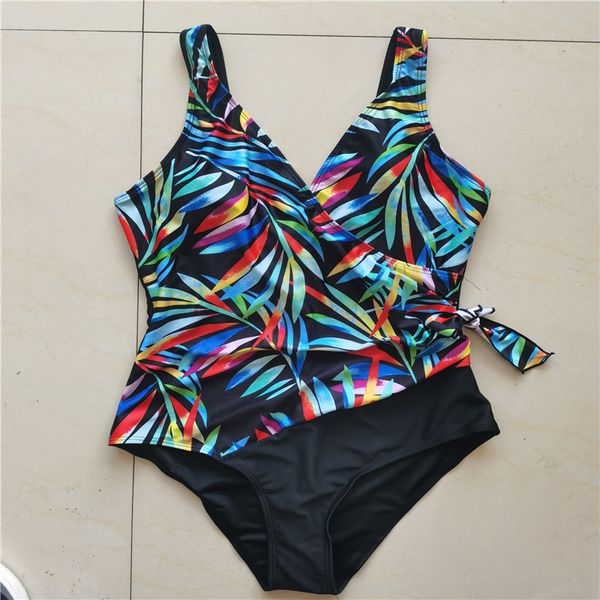 

new women's one piece swimsuit leaf print color matching large fat woman bikini, White;black