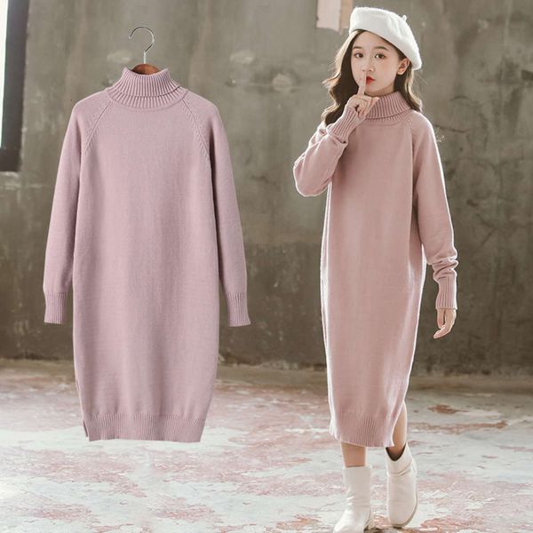 

winter girls' and sweater new autumn zhongda korean version medium length high collar woolen skirt thickened children's bottom, Blue