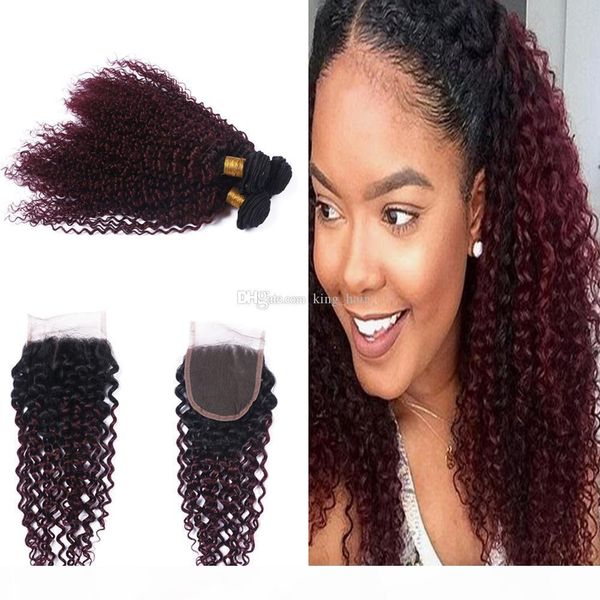 

dark roots 1b 99j kinky curly hair weaves with lace closure ombre color red wine 99j curly hair 3bundles with 4x4 closure, Black;brown