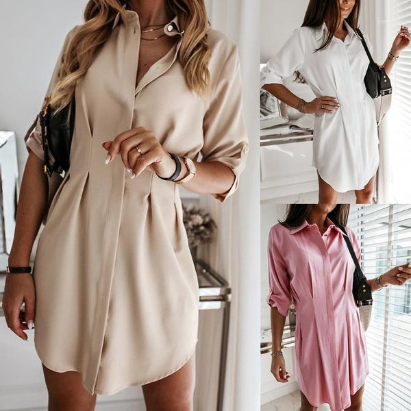 

plus size slim dresses women autum long sleeve mini shirt dress ladies casual work plain shirt casual work dress 20201, White;black