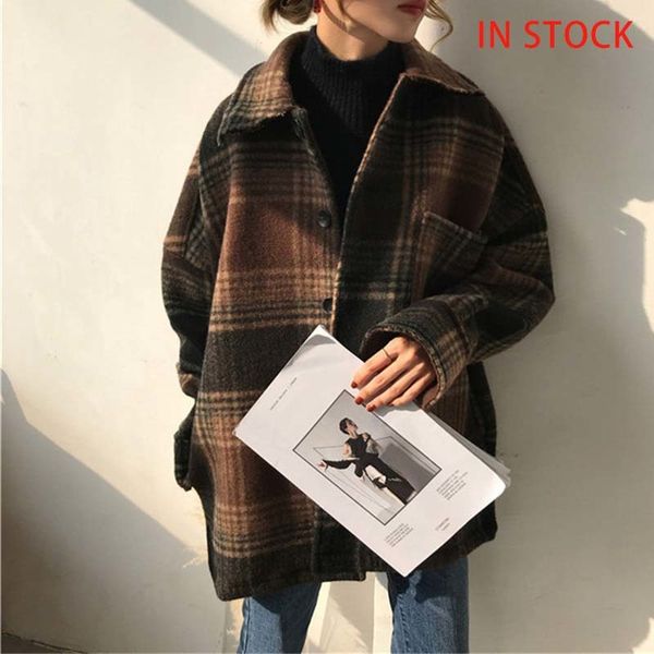 

women's autumn plaid wool blends vintage coat jacket check batwing sleeve korean woman coats 2020 winter pocket outerwear ladies c1115, Black