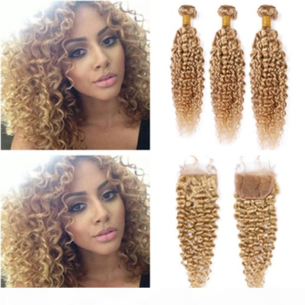 

light brown kinky curly human hair lace closure 4x4 with bundles #27 honey blonde curly malaysian virgin hair weave bundles with closure, Black