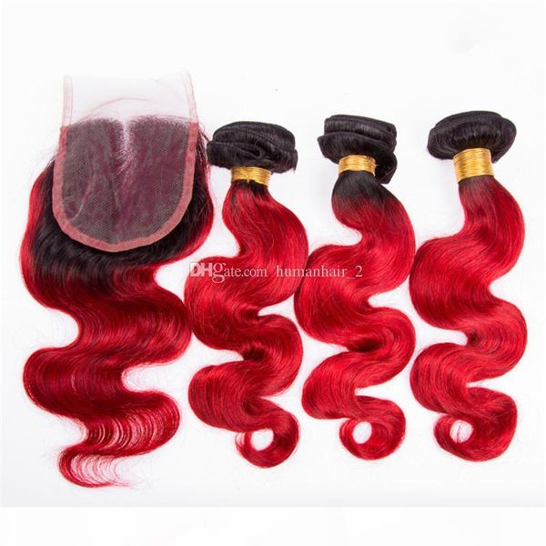 

new brazilian red hair weave with closure body wave two tone ombre 1b red ombre human hair bundles and lace closures, Black;brown