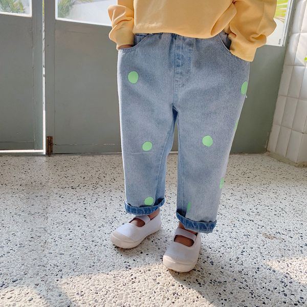 

spring autumn fashion dot printed casual jeans for boys girls all-match light color denim pants lj200821, Blue