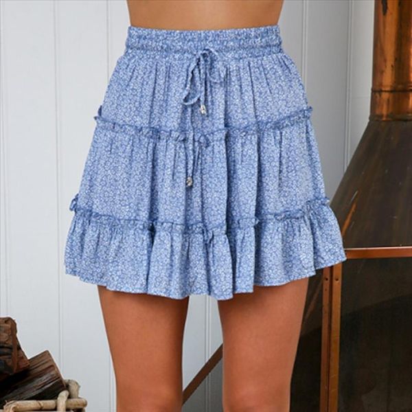 

womens summer mini solid casual bohe fashionable faldas empiremujer moda 2019 high waist ruffled floral print beach short skirt, Black
