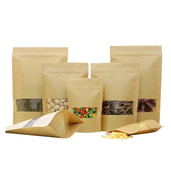 Sacos de papel kraft com janela clara lobo calor zip bloqueio saco de empacotamento levantar bolsas para alimentos nozes grãos de embalagem de chá