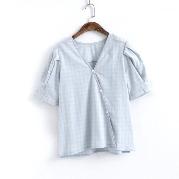 

women 2020 summer retro casual slim thin girl v-neck slant placket female bubble sleeves single-breasted lattice blouse1, White