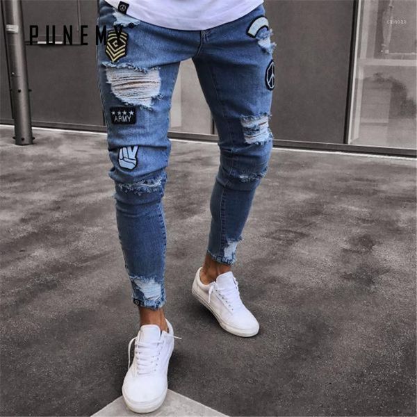 

men jeans 2020 stylish ripped jeans for men pants skinny slim straight frayed denim joggers hip hop streetwear fashion1, Blue