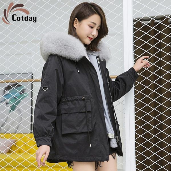 

cotday office lady special winter style fashion overcoat medium length detachable raccoon fur liner thickened imitation fur coat1, Black