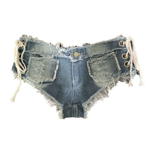 

616# women's jeans pants night club low rise perforated denim shorts, Blue