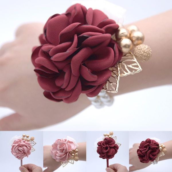 

Bridesmaid Bracelet Wedding Corsage Bracelet Polyester Ribbon Rose Flowers Pearl Bow Bridel Gifts Wrist Corsage
