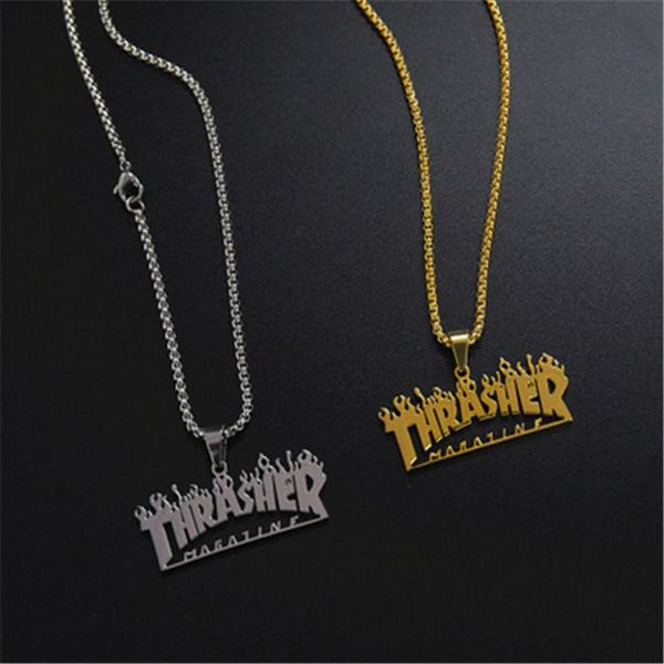 

pendant necklaces simplicity tide card five bars flame necklace men hip-hop rock titanium stainless steel gold chain fashion man, Silver