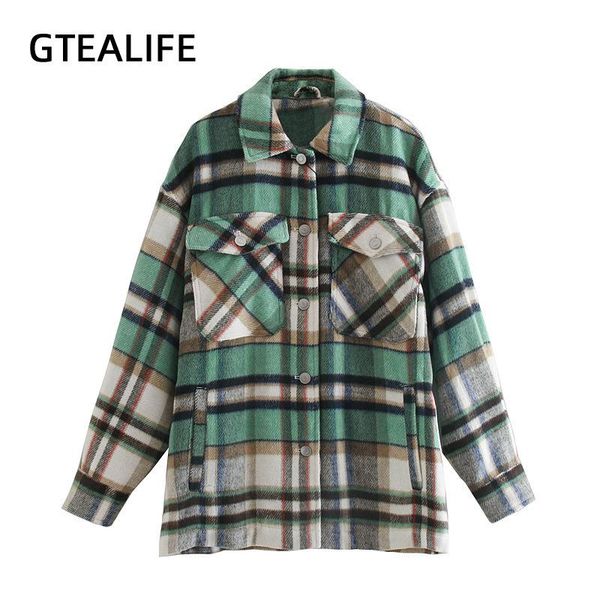 

gtealife fall winter vintage long sleeve shirts casual plaid button shirt coat women with pockets 2021 outerwear female clothes, White