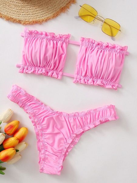 

ruched lettuce trim bandeau bikini swimsuit r3fx#, White;black