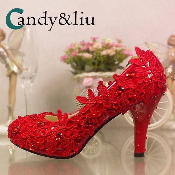 

red lace flower wedding shoes appliques pearl beaded spike heel round toe women pumps for party banquet evening dress bridesmaid, Black