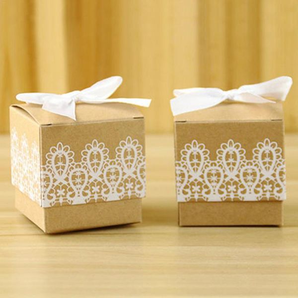 

10pcs novel lace bowknot kraft paper candy box wedding favors kraft paper gift box