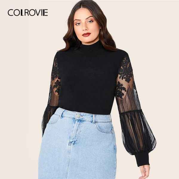 

colrovie plus size mock neck lace lantern sleeve fitted black women solid tees 2019 fall elegant slim fit pullover 1, White