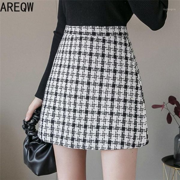 

spring autumn women woolen plaid mini skirt 2021 female high waist one-step short skirt lady slim a-line with lined shorts1, Black