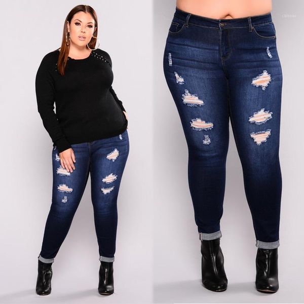 

1x perforated fattening and elastic cotton spinning small leg jeans pants for women jeans wholesale custom wholesale1, Blue