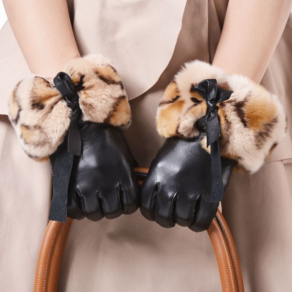 

wholesale- 2017 new autumn winter super warm leather fur leopard print dress formal pary t show lovely fashion feast gloves, Blue;gray